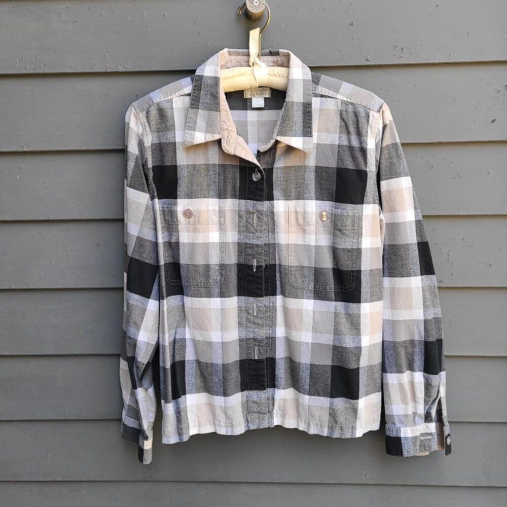 Christopher Banks Cotton Taupe Gray Black Plaid Button Down size Large